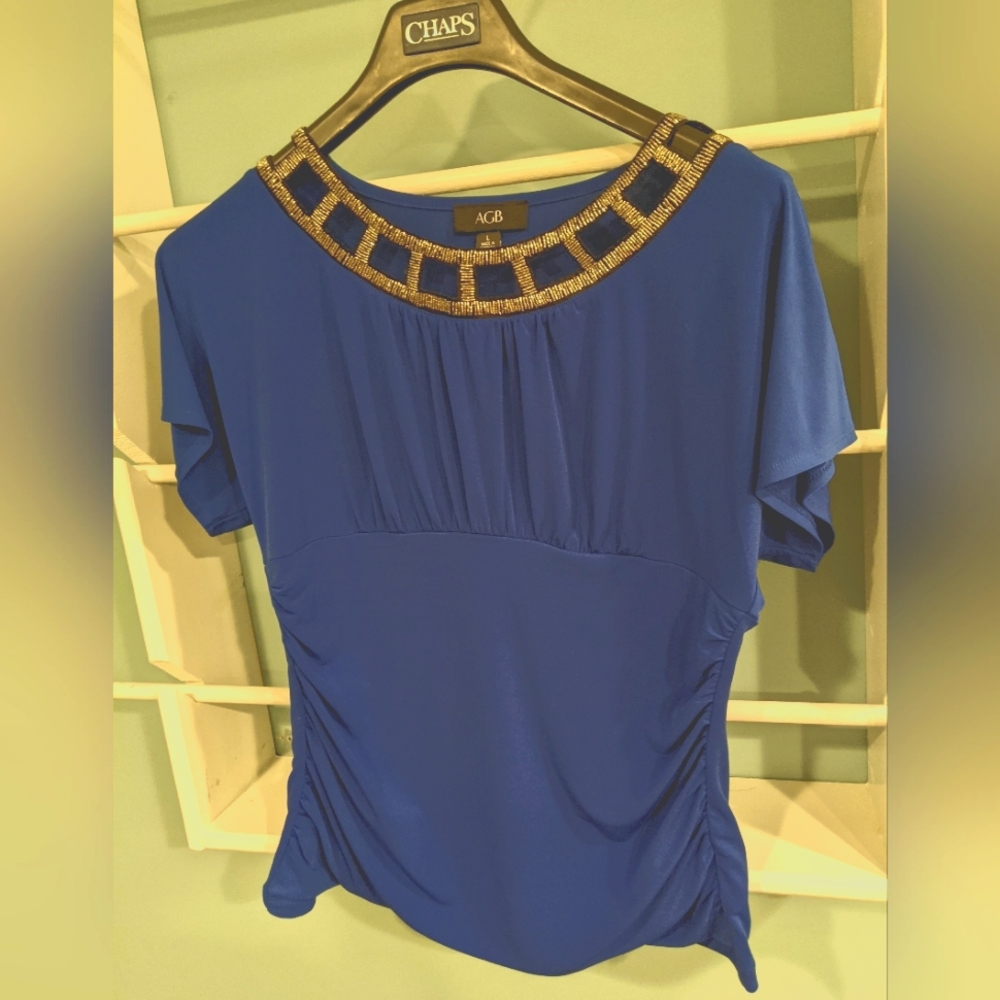 AGB Women Sz L Blue Solid Short Sleeve Blouse Embellished Neck Ruched Waist